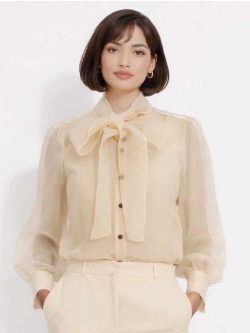 Zara Organza NO BOW Blouse Cream Sheer Button Front Top L READ